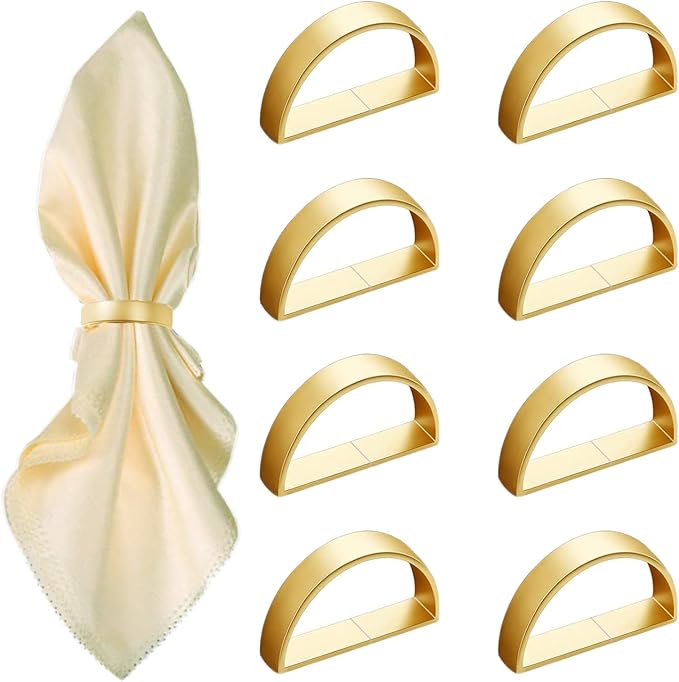 8 Pcs Matt Gold Napkin Rings - Metal Napkin Ring(Semicircle) | Stainless Steel Napkin Rings for Table Settings Wedding Christmas Party Dinner Table