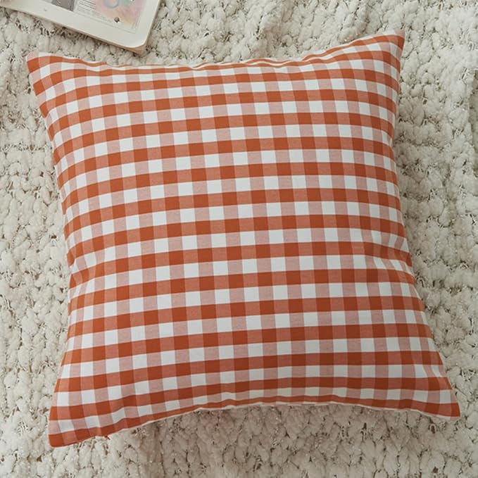 HOPLEE Fall Orange Farmhouse Pillow Covers 22x22 Orange Throw Pillow Covers Cushion Cover with Buffalo Plaid, Solid Orange, Striped and Gingham Plaid Design 22x22 inches,4 Pack