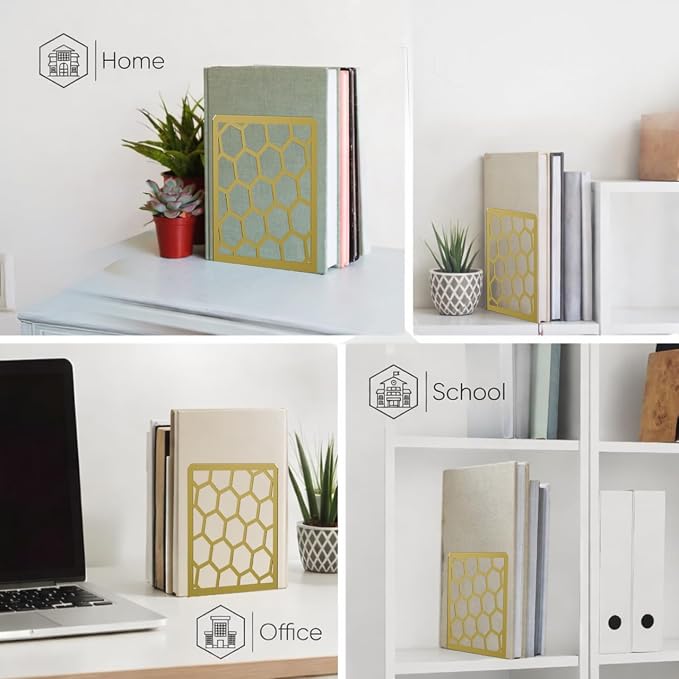 Gold Geometric Honeycomb Metal Bookends - Book Ends for Shelves - Decorative Modern Heavy Duty Bookend Stopper - Book Ends for Heavy Books - Home Office Book Holder - 1 Pair, 6x3.25x6.25 in