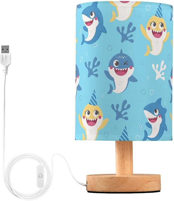 Bedside Lamp Cute Shark Table Lamp for Bedroom LED Nightstand Lamp Shade USB Ports Wood Base for Living Room Dorm Office