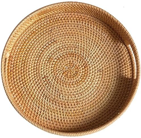 14" Round Rattan Tray, Hand Woven Serving Tray with Handles, Wicker Serving Basket, Decorative Tray for Home Decor, Natural