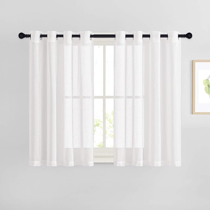 NICETOWN Linen White Sheer 48 inch Curtains for Cafe, Grommet Semi Sheer Short Curtains & Drapes Privacy with Light Filtering Window Treatments for Kitchen, W52 x L48, 2 Panels