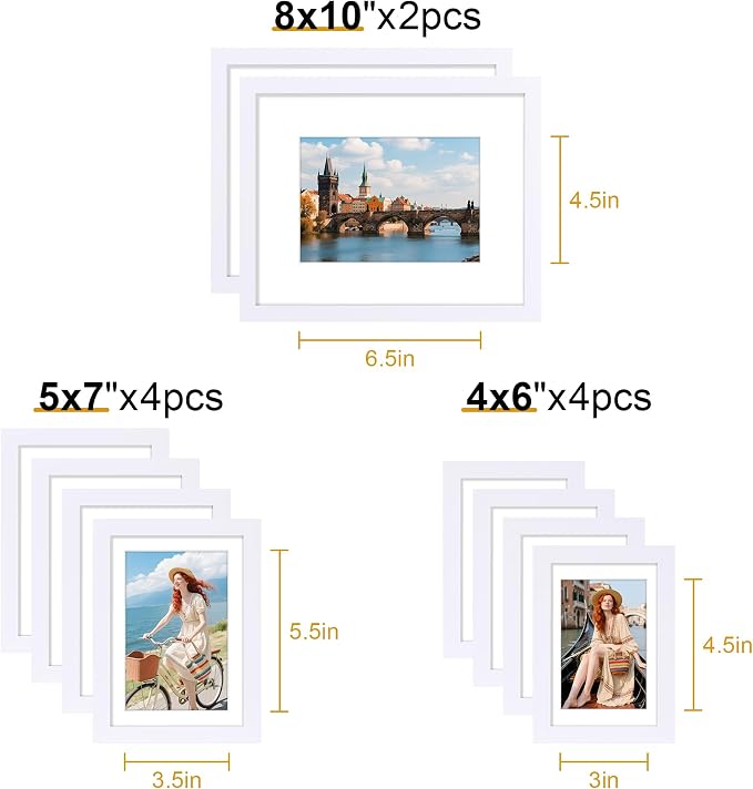 decorUhome 10 Pack Assorted Picture Frame Set for Wall & Tabletop, P0710WT | White, Multi Size Picture Frame Includes Two 8x10 / Four 5x7 / Four 4x6 for Family Gallery Wall