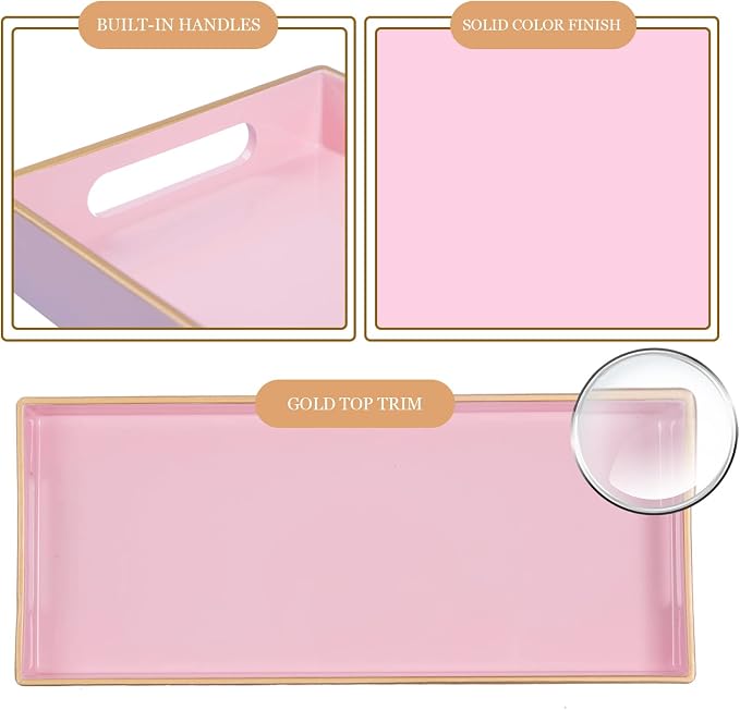 MAONAME Pink Bathroom Tray, Rectangular Toilet Tank Trays with Handles
