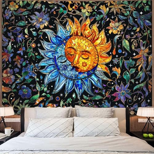 Accnicc Sun and Moon Tapestry Boho Hippie Floral Wall Tapestry for Bedroom Aesthetic Vintage Stained Glass Celestial Plant Small Tapestries Wall Hanging for Living Room Dorm 60 x 44 Inch