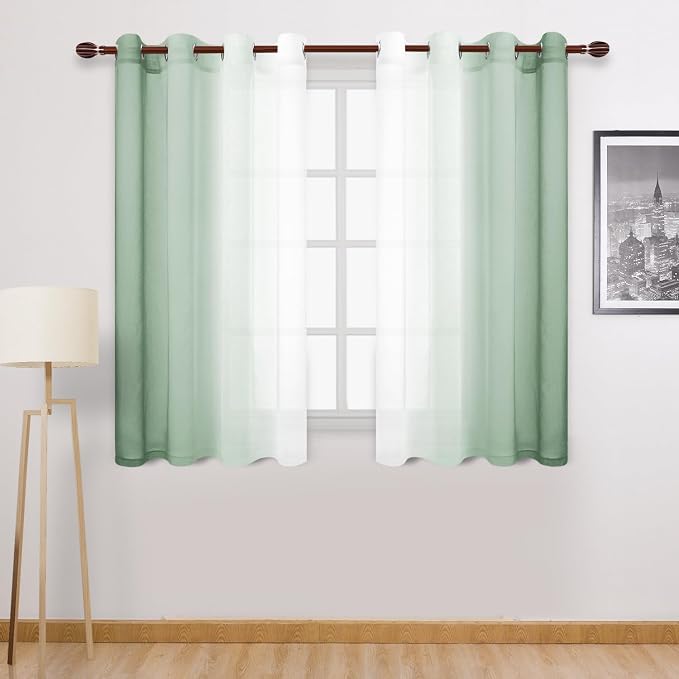 DWCN Ombre Short Sheer Curtains - Faux Linen Semi Voile Gradient Light-Filtering Bedroom and Living Room Curtains, Set of 2 Grommet Top Window Drape Panels, 52 x 45 Inch Length, Sage Green