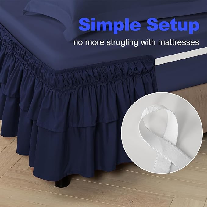 Double-Layered Ruffled Bed Skirt,Navy,Full/Queen, 14" Drop | Wrap Around, Adjustable Elastic, 2 Layer, Machine Washable Soft Fabric, Multi Ruffle Bedskirt