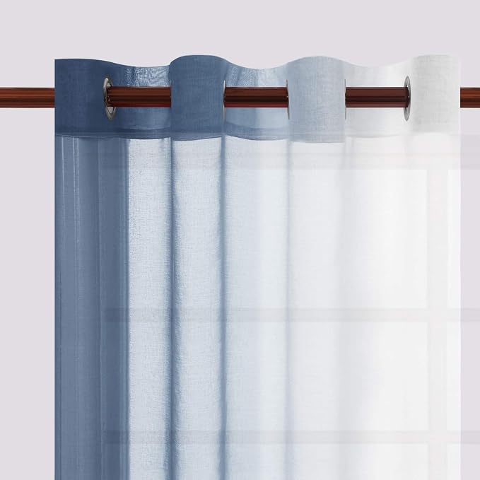 DWCN Ombre Sheer Curtains - Faux Linen Semi Voile Grommet Top Gradient Curtains for Bedroom and Living Room, Set of 2 Window Curtain Panels, 52 x 54 Inch Length, Denim Blue