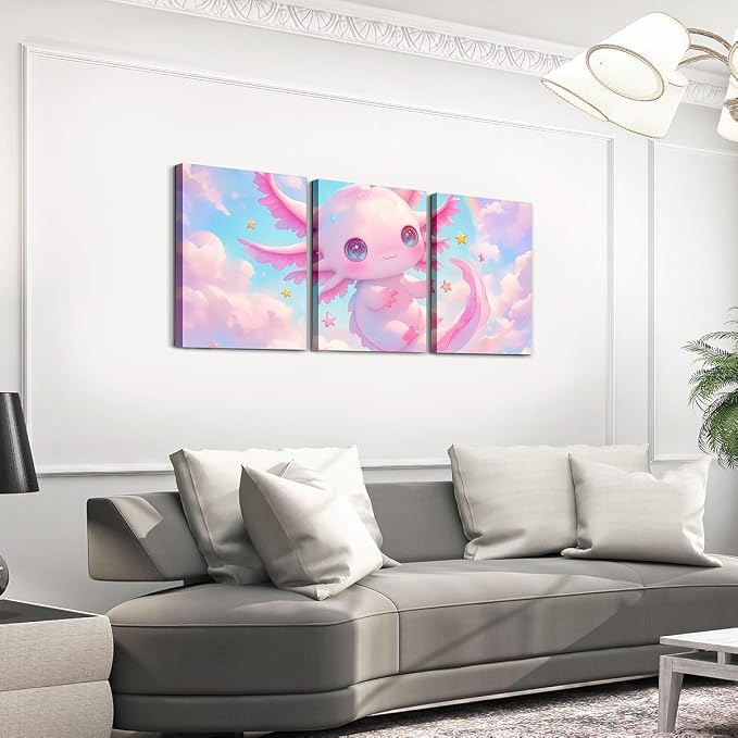 Feelyou Kids Cute Axolotl Picture Wall Decor Galaxy Cloud Wall Painting Posters and Prints Boys Girls Cartoon Animal Canvas Wall Art for Living Room Bedroom Rainbow Bathroom Wall Art 12"x16"x 3Pcs