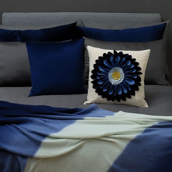OiseauVoler 3D Sunflower Handmade Throw Pillow Covers 18x18 Inch Navy Blue | decorative floral pillowcases pillow sham for couch living room home bed decor dog hair resistant