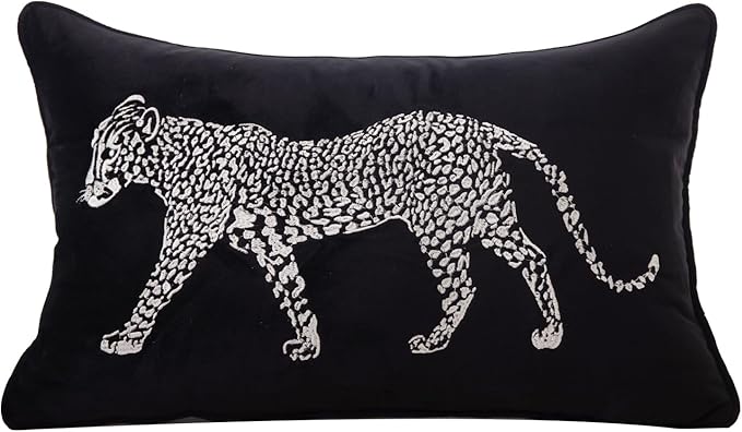 vctops Soft Velvet Embroidery Lumbar Decorative Throw Pillow Covers Leopard Pattern Cushion Case for Sofa Bedroom Couch (Black,12"x20")