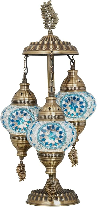 DEMMEX 3-Globe Turkish Moroccan Table Lamp, Tiffany Mosaic Glass Bedside Night Light, Handmade Colorful Mosaic Glass Globes & Antique Brass Finish Base, 21" H, Sky Blue & White