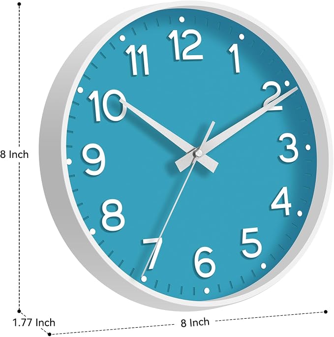 Roymnie 8 Inch Wall Clock, Battery Operated Silent Non Ticking Analog | Blue modern analog; large 3D easy-read dial for kitchen, office, bathroom & bedroom; 1 AA battery (not included)