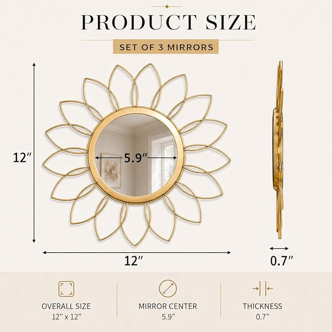 Gold Flower Mirror Set of 3, 3PCS Metal Round Decorative Wall Mirrors, Floral Petal Accent Mirror Wall Decor for Living Room, Bedroom, Entryway & Bathroom