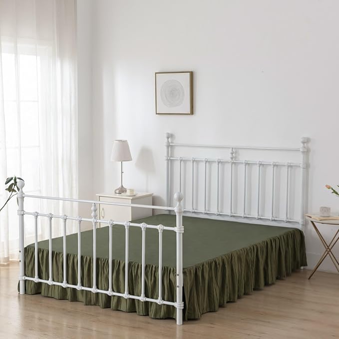 Bed Skirt King Size - Ruffled Bed Skirt - with Split Corners - Green | Striped Boho Tufted -18 Inch Drop Bedskirt with Platform-Soft Premium Hotel Quality - Easy Fit