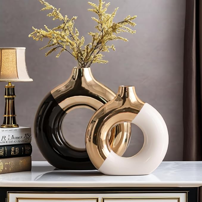 White and Gold Donut Vase, Modern Ceramic Vase for Pampas Grass, Perfect Centerpiece for Weddings, Living Room, and Office Decor (White Gold, L)