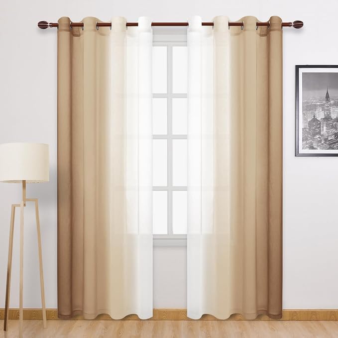 DWCN Ombre Faux Linen Extra Long Sheer Curtains - Semi Voile Gradient Grommet Top Curtains for Bedroom and Living Room, 52 x 108 Inches Long, Set of 2 Window Curtain Panels, Taupe