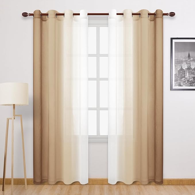 DWCN Taupe Faux Linen Ombre Sheer Curtains - Gradient Semi Voile Curtains for Bedroom and Living Room, Set of 2 Grommet Top Window Curtain Panels, 52 Wide by 90 Inches Long, Taupe