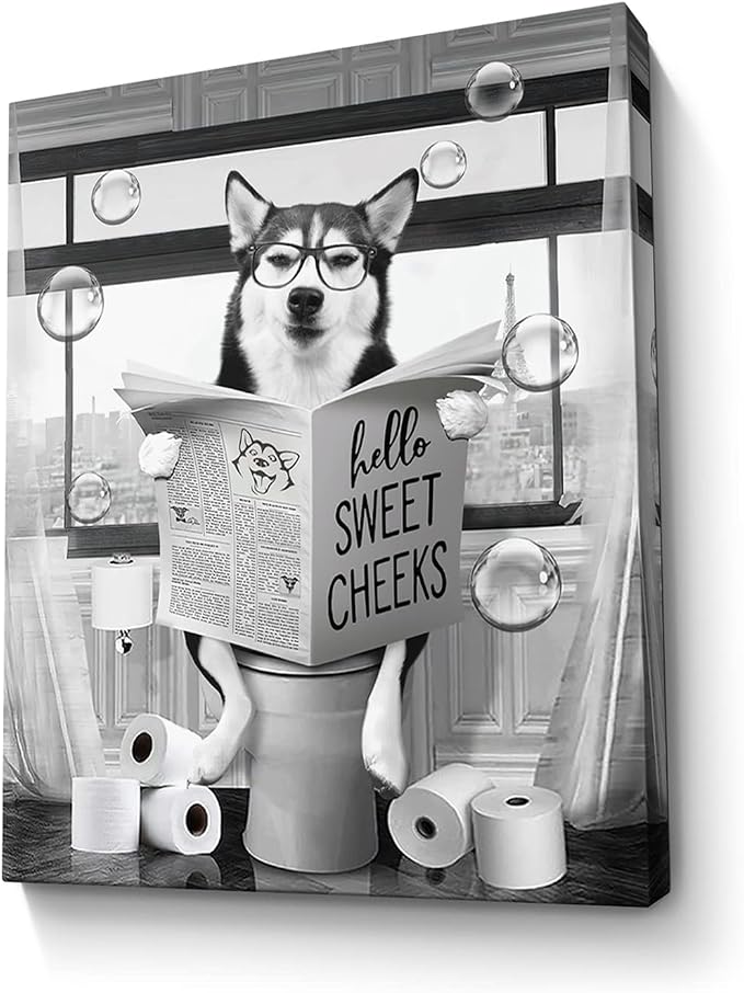 Funny Husky Dog Wall Art - Black and White Bathroom Print Farmhouse Animals Decor - Dog Sitting in Toilet Reading Newspaper Painting Framed Artwork 12x16 inch