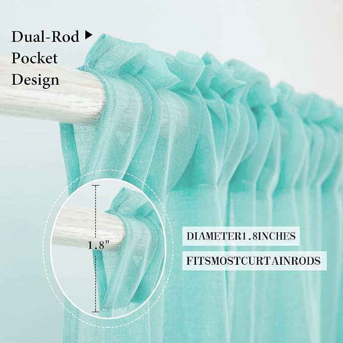 MIULEE Sheer Curtains 24 inch Length Kitchen Window Curtains Over Sink, Rod Pocket Short Small Cafe Curtains Linen Textured Light Filtering Half Window Curtains 2 Panels, Turquoise Aqua Blue