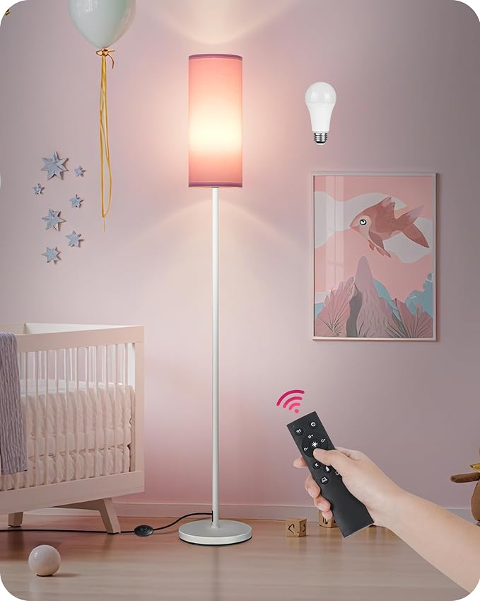 Dimmable Floor Lamps for Living Room with Remote and Foot Switch, 64.4” Modern Standing Tall Lamp, Corner Lamp for Bedroom, Bulb Included, 3000K-6500K, FCC Listed, Pink and White WP06LD05W1