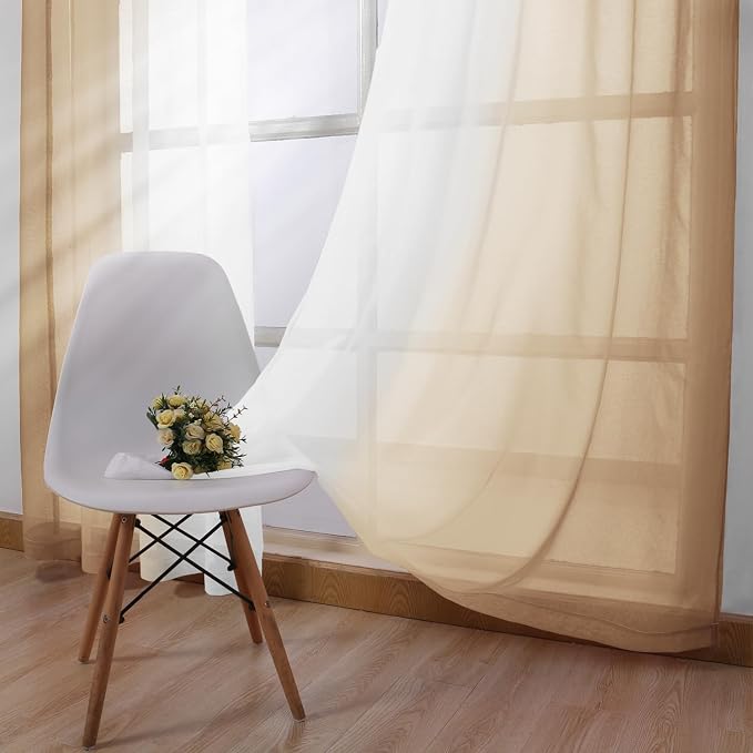 DWCN Taupe Faux Linen Ombre Sheer Curtains - Gradient Semi Voile Curtains for Bedroom and Living Room, Set of 2 Grommet Top Window Curtain Panels, 52 x 72 Inches Long, Taupe
