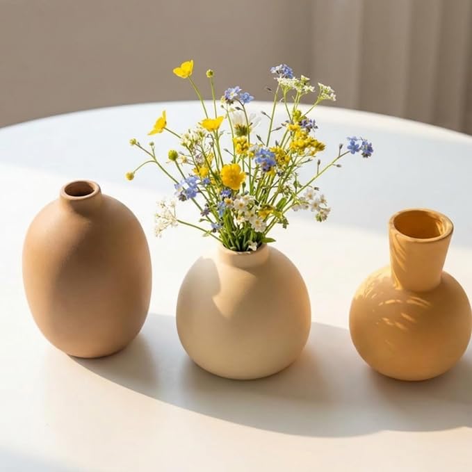 Modern Small Ceramic Vase Set of 5 | Neutral colors, decorative farmhouse vase decor, for shelf entryway table living room