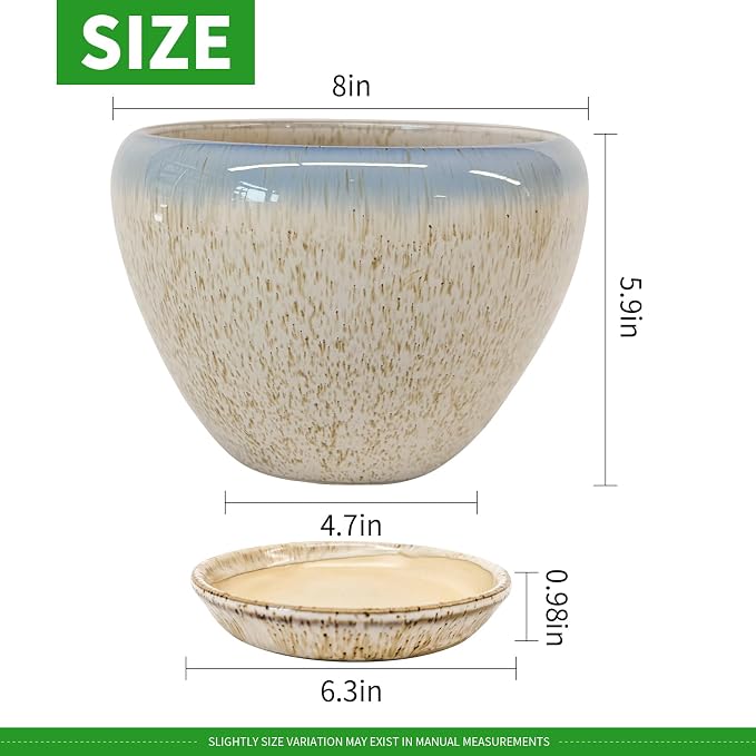 Deep Dream 8 Inch Plant Pots- Ceramic Pots for Plants with Drainage Hole and Saucer, Large Planter Pot for Indoor Plants Outdoor Decor, Beige&Blue