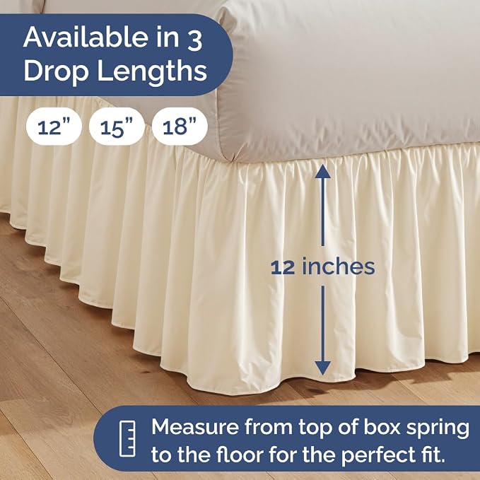 Bedskirt Queen Size Ruffle - Ruffled Bed Skirt - 12 Inch Drop - Off White | Bedskirt with Platform, Ultra-Soft Premium Hotel Quality, Wrinkle Free, Fade & Shrink Resistant, for Women, Men, Kids & Teens