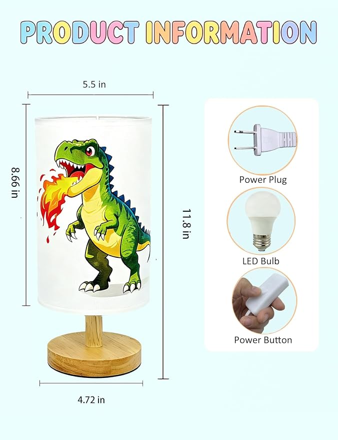 Dinosaur Lamp Kids Lamps for Bedrooms Boys, 3 ColorsNightstand Light Lamp, Round Wood Base Flaxen Fabric Desk Lamp for Kids Room, Dino Lamp Gift for Boy (LED Bulb Included) (Dinosaur)