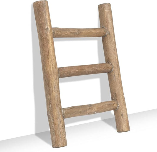FUIN Tea Towel Ladder, Mini Rustic Solid Wood Decorative Ladder, Brown | Farmhouse living room accent, Layered blanket towel quilt display, Visible wood grain, Bathroom and Bedroom use