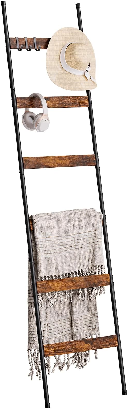 ELYKEN Blanket Ladder, 6-Tier Towel Rack, Wall-Leaning Quilt Holder | Farmhouse Wood Display Stand with 4 Hooks, Decorative Rack Shelf for Living Room, BedRoom, Bathroom, Rustic Brown