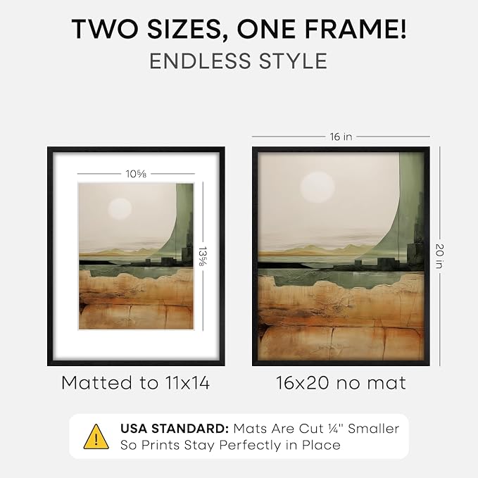 Homeforia 16x20 Black Oak Picture Frame, High-End Wood, 11x14 Mat, Glass
