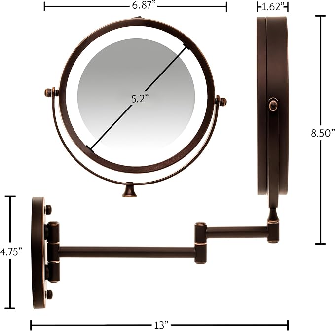 OVENTE 7" Wall Mounted Lighted Makeup Mirror, Antique Bronze MFW70ABZ1X7X | Cordless Double Sided 1X/7X Magnifying Mirror for Bathroom with LED Lights, 360° Rotation, Extendable Arm, Battery Operated