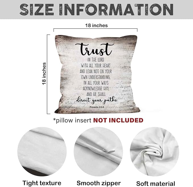 Vintage Christian Bible Verse Trust in the Lord Throw Pillow Covers 18x18, Rustic Scripture Proverbs Decor Pillow Cases for Bedroom Living Room, Religious Pillowcases for Couch Bed Sofa