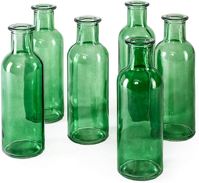 Serene Spaces Living Set of 6 Large Green Bud Vases, Apothecary Jars, Decorative Glass Bottles, Centerpiece for Wedding Reception, Antique Decoration, Flower Vases, Measures 6.5" Tall & 2" Diameter