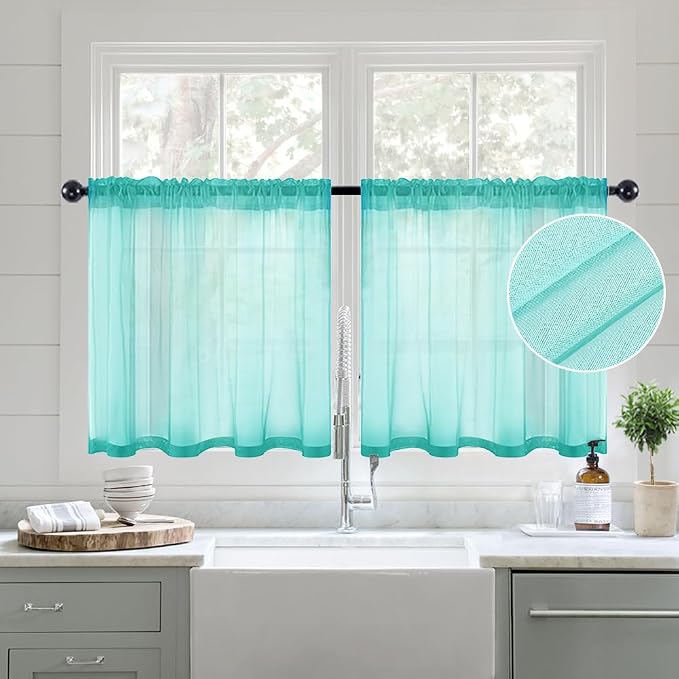 MIULEE Sheer Curtains 24 inch Length Kitchen Window Curtains Over Sink, Rod Pocket Short Small Cafe Curtains Linen Textured Light Filtering Half Window Curtains 2 Panels, Turquoise Aqua Blue
