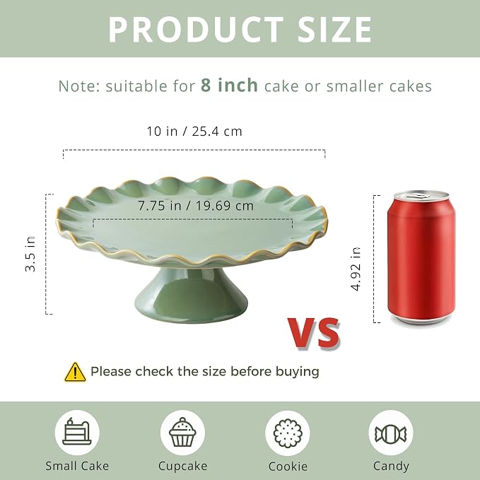 Cake Stand Ceramic, Small Cake Pedestal Stand for 8 Inch Cake, Teal | Vintage Dessert Stand with Ruffle Trim for Birthday, Decorative Pedestal Cake Plate Cupcake Stand for Tea Party