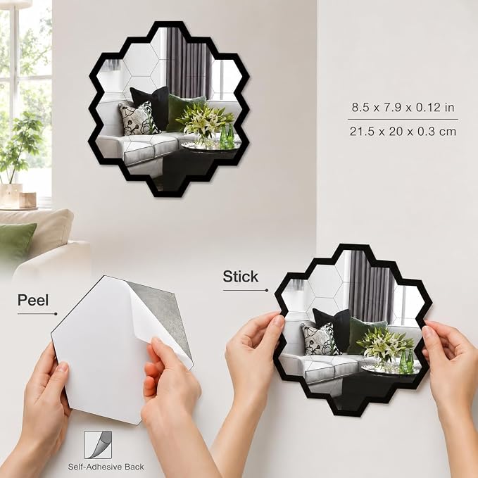 3pcs Hexagon Wall Mirror Decor, Self Adhesive Mirror Stickers, Decorative Mirror Tiles for Bedroom Bathroom Living Room Entryway Modern Moroccan Boho Wall Accents