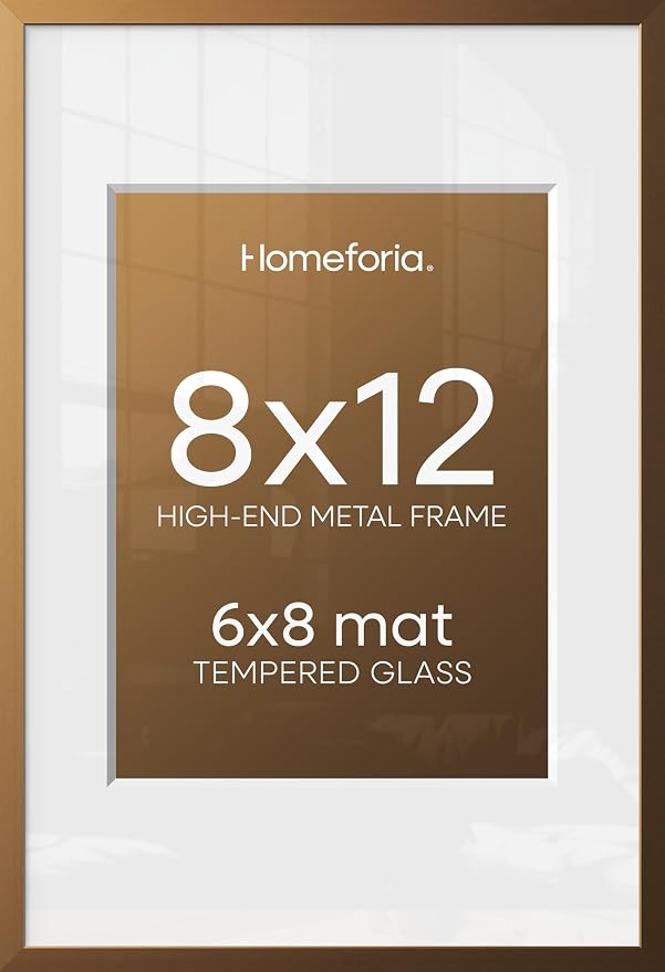 Homeforia 8x12 Bronze Picture Frame, High-End Metal, 6x8 Mat, Glass