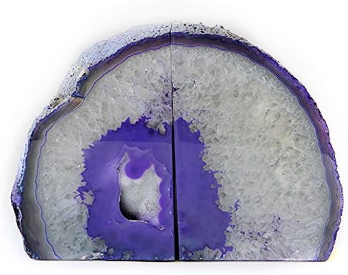JIC Gem Dyed Purple Agate Geode Bookends Crystal Book Hold for Shelves | 1 Pair, 3-4 Lbs Decorative Gemstone Stoppers with Non-Skid Rubber Bumpers for Tabletop Decor Cute Crystal Supports Gift