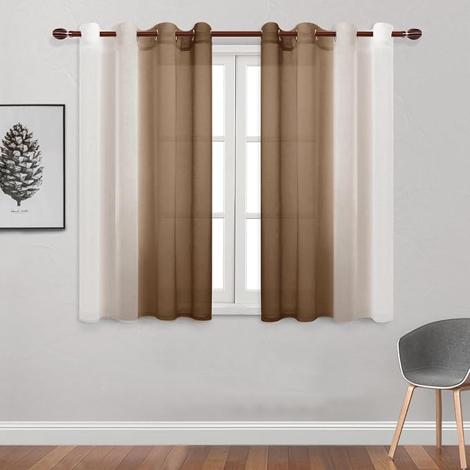DWCN Ombre Short Sheer Curtains - Faux Linen Semi Voile Gradient Light-Filtering Bedroom and Living Room Curtains, Set of 2 Grommet Top Window Drape Panels, 52 x 54 Inch Length, Warm Brown