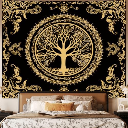 Black Golden Boho Tapestry for Bedroom, Hippie Tree of Life Wall Tapestries