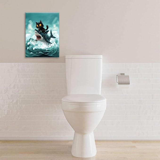 Funny Black Cat Bathroom Wall Art Cute Cat Riding Shark Canvas Wall Decor Animal Kitten Pictures Painting Print Artwork Framed Decorations Gifts for Cat Lover Kids Room Bedroom 16"x20"