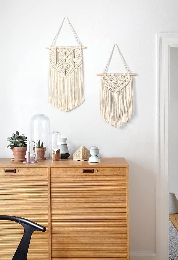 Mkono 2 Pcs Macrame Wall Hanging Boho Wall Art Decor Woven Chic Bohemian Room Decor for Bedroom Nursery Living Room Dorm Apartment, Small Size 13" L x 10" W and 16" L x 10" W
