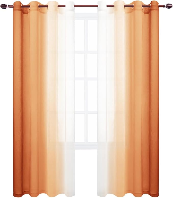 DWCN Ombre Faux Linen Extra Long Fall Sheer Curtains - Semi Voile Gradient Grommet Top Curtains for Bedroom and Living Room, 52 x 108 Inches Long, Set of 2 Window Curtain Panels, Sunset Orange