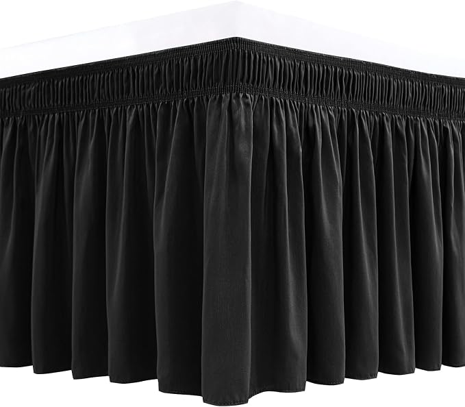 Wrap Around Bed Skirt Full Size Beds 18" Drop-Elastic Dust Ruffle Black | Adjustable Pleated Bedskirt-Easy Fit Wrinkle Resistant Washable Bed Skirting-Hotel Studio Apartment Home Guest Bedroom Rental