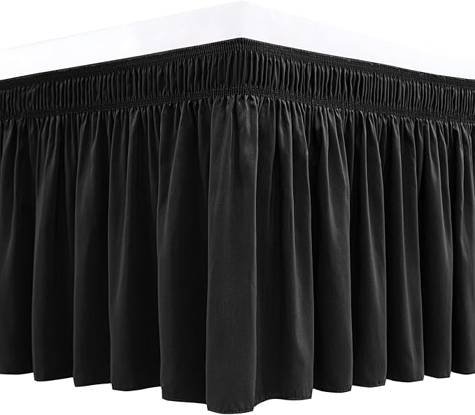 Wrap Around Bed Skirt King Size 21" Drop-Elastic Long Dust Ruffle Black | Adjustable Pleated Bedskirt-Easy Fit Wrinkle Resistant Washable Hotel Quality Fabric Bed Skirting-Master Guest Bedroom Rental