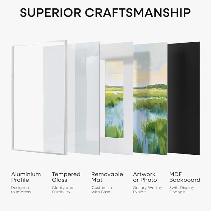 Homeforia 15x15 White Picture Frame, High-End Metal, 11x11 Mat, Glass