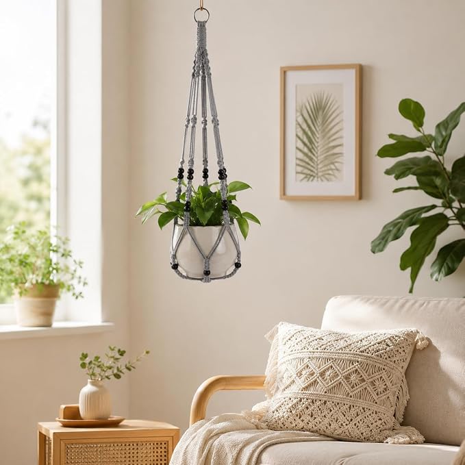 Macrame Plant Hangers with Beads for Indoor and Outdoor, 3 Pack